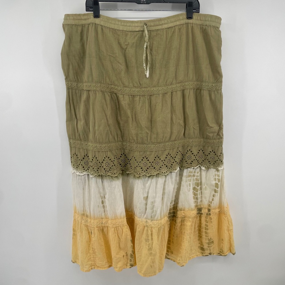 Cute Options Tiered Skirt Womens M Green Eyelet Lace Tie Dye Boho Midi Cotton